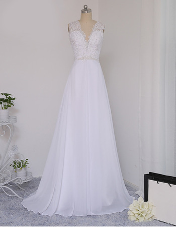 V-Neck Sleeveless Sweep Train Chiffon Wedding Dresses