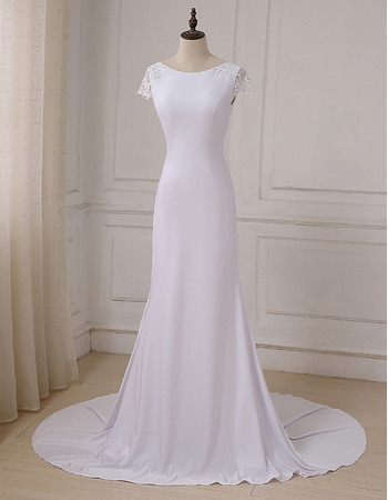 Custom Sheath Sweep Train Satin Wedding Dresses with Short Sleeves