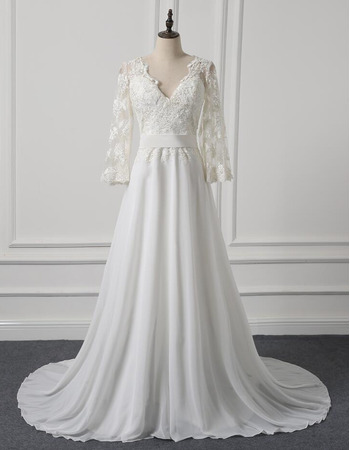 V-Neck Sweep Train Chiffon Wedding Dresses with 3/4 Long Sleeves