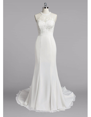 Custom Sheath Halter Sleeveless Sweep Train Chiffon Wedding Dresses