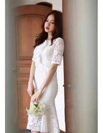 Custom Trumpet Short Sleeves Knee Length Lace Reception Wedding Dress