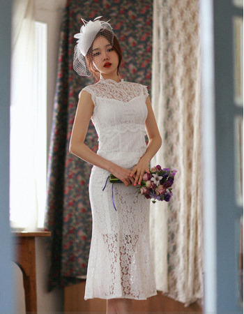 Discount Trumpet Sleeveless Tea Length Lace Reception Wedding Dresses