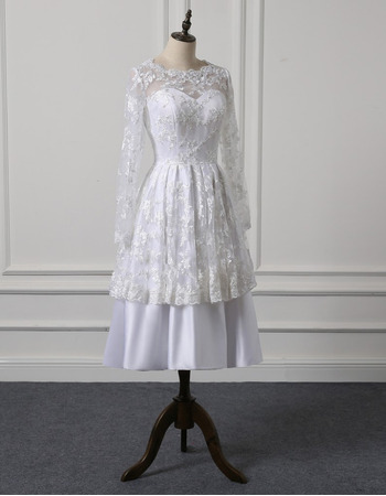 Custom Tea Length Lace Taffeta Wedding Dresses with Long Sleeves