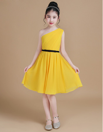 Discount One Shoulder Knee Length Junior Bridesmaid Dress with Belt