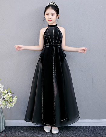 Style Halter Ankle Length Black Junior Bridesmaid Dresses