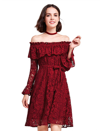 Elegant Off-the-shoulder Short Lace Cocktail/ Holiday Dresses with Sleeves
