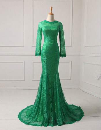 Affordable Mermaid Floor Length Lace Evening Dresses with Long Sleeves