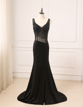 Sexy Sheath V-Neck Floor Length Chiffon Black Beading Evening Dresses