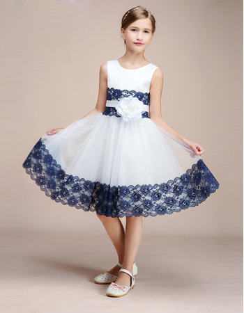 Knee Length Flower Girl Dresses with Lace Trim