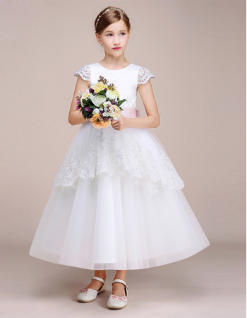 Discount Tea Length Cap Sleeves Flower Girl Dresses with Belts