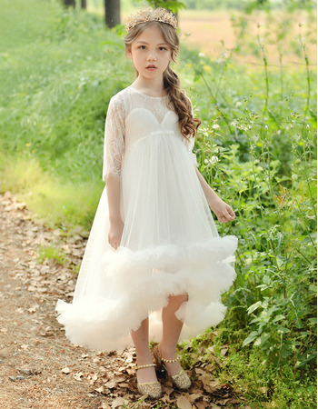 Adorable Empire High-Low Tulle Flower Girl Dresses with Half Sleeves