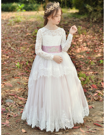 Ball Gown Flower Girl Dresses with Long Lace Sleeves