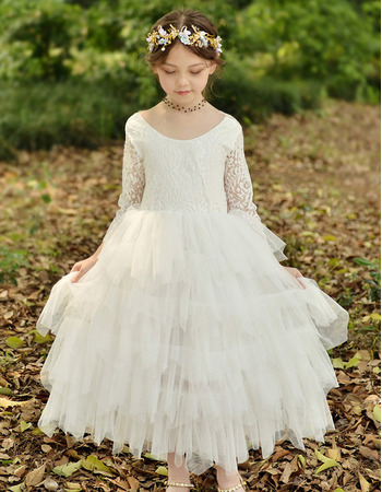 Custom Ankle Length Organza Flower Girl Dresses with Long Lace Sleeves