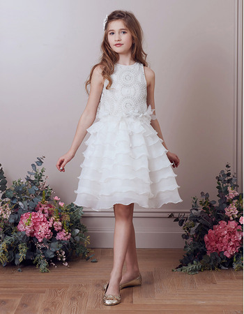 Stunning Knee Length Organza Layered Skirt Beading Flower Girl Dresses