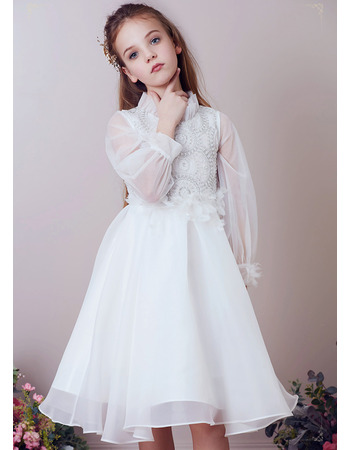 2019 Style Knee Length Organza Flower Girl Dresses with Long Sleeves