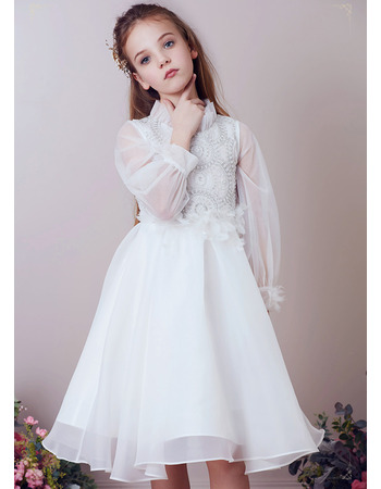 Knee Length Organza Flower Girl Dresses with Long Sleeves