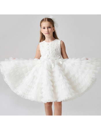 Custom Knee Length Lace Organza Pleated Skirt Flower Girl Dresses