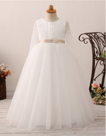 Affordable Ball Gown Flower Girl/ Communion Dress with Long Sleeves