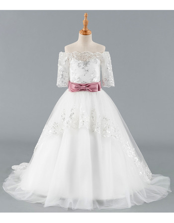 Custom Off-the-shoulder Sweep Train Flower Girl Dress with Belt