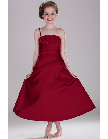 Custom Spaghetti Straps Tea Length Flower Girl/ Junior Bridesmaid Dress