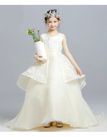 Custom Ball Gown Floor Length Lace Organza Little Girls Party Dresses