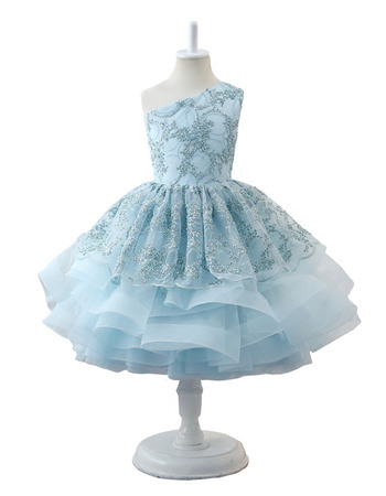 New One Shoulder Knee Length Little Girls Party Dresses