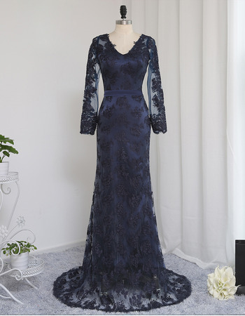 Sexy Sheath V-Neck Floor Length Lace Prom Dresses with Long Sleeves