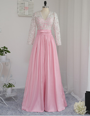 Discount V-Neck Floor Length Prom/ Formal Dresses with Long Sleeves