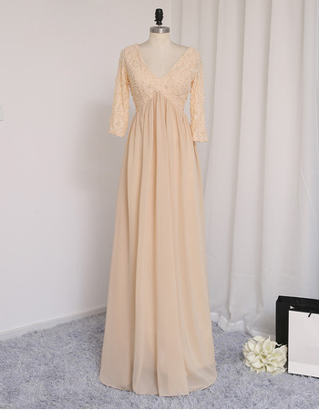 Inexpensive V-Neck Long Chiffon Prom Dresses with 3/4 Long Sleeves