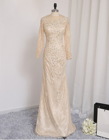 Custom Sheath Floor Length Lace Prom/ Formal Dresses with Long Sleeves