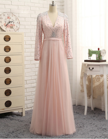 New V-Neck Floor Length Prom/ Formal Dresses with Long Sleeves