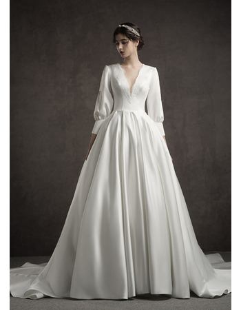 Custom A-Line V-Neck Long Satin Wedding Dresses with Long Sleeves