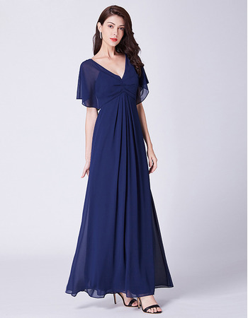 New V-Neck Cap Sleeves Floor Length Chiffon Evening Dresses