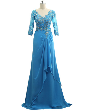 Elegant Floor Length Chiffon Mother Dresses with 3/4 Long Sleeves