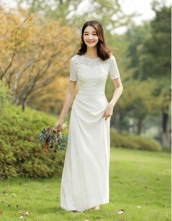 Custom Short Sleeves Floor Length Lace Satin Reception Wedding Dresses