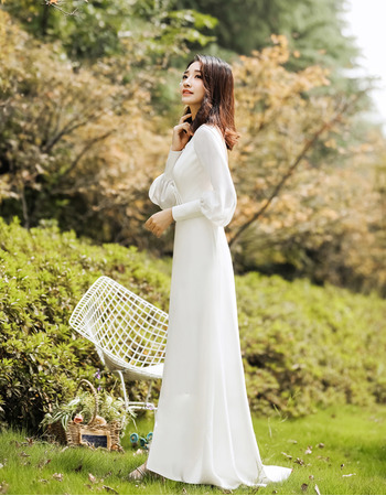 Custom V-Neck Long Sleeves Long Chiffon Reception Wedding Dresses