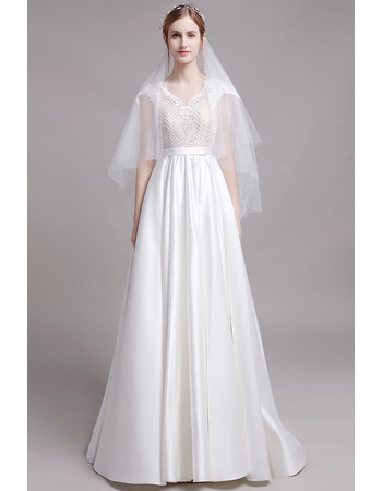 Short Sleeves Floor Length Lace Satin Wedding Dresses