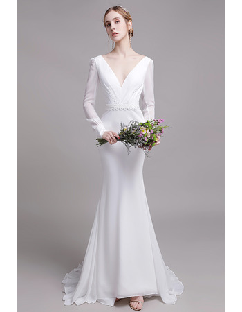 Affordable Mermaid V-Neck Long Chiffon Wedding Dress with Long Sleeves