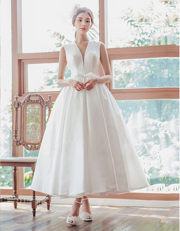 Custom Ball Gown V-Neck Sleeveless Tea Length Satin Wedding Dresses