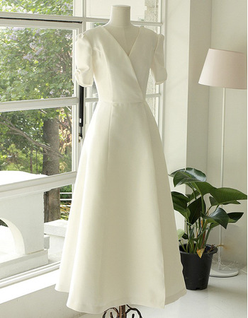 Discount Tea Length Satin Reception Bridal Dresses with Short Sleeves