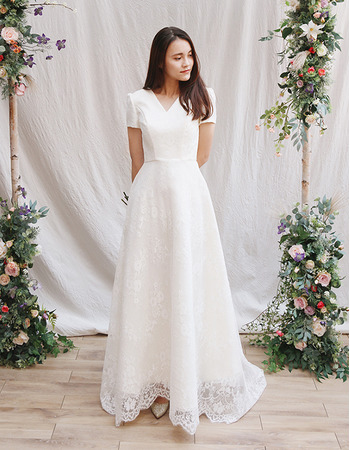 Custom V-Neck Long Satin Lace Wedding Dresses with Short Sleeves