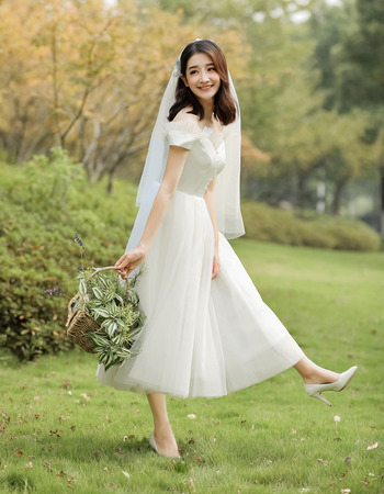 Custom A-Line Off-the-shoulder Sweetheart Tea Length Wedding Dresses