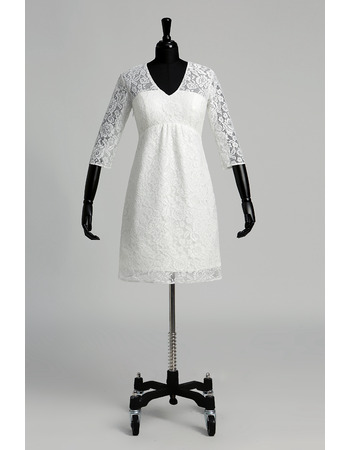 Custom Empire V-Neck Short Lace Wedding Dresses with 3/4 Long Sleeves