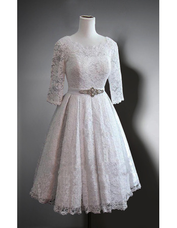 Affordable Knee Length Lace Wedding Dresses with 3/4 Long Sleeves