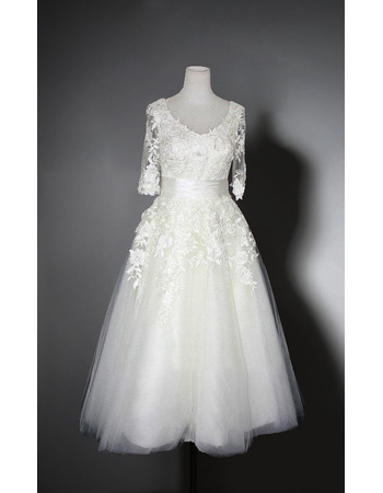 Elegant V-Neck Knee Length Organza Bridal Dresses with Half Sleeves