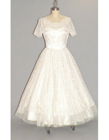 Custom A-Line Tea-Length Lace Bridal Dresses with Short Sleeves