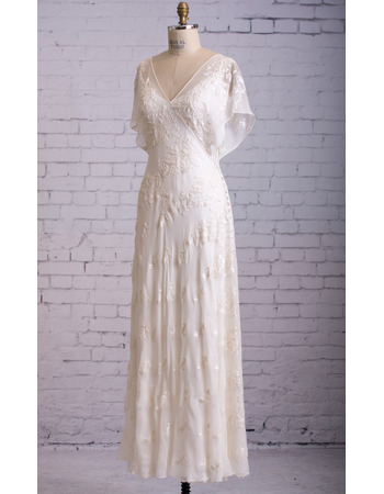 Discount V-Neck Tea Length Chiffon Wedding Dresses with Cap Sleeves