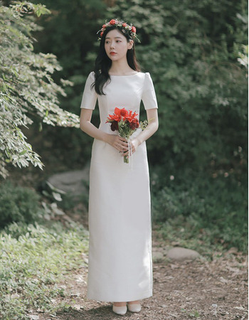 Vintage Column Floor Length Satin Wedding Dresses with Short Sleeves