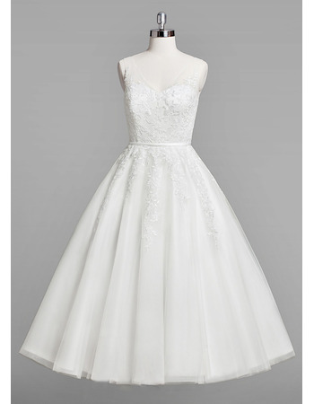 Inexpensive A-Line V-Neck Knee Length Satin Organza Wedding Dresses