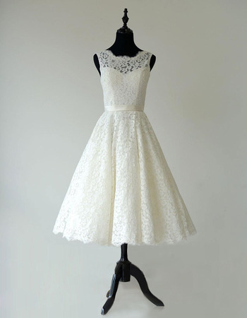 A-Line Sleeveless Knee Length Lace Wedding Dresses